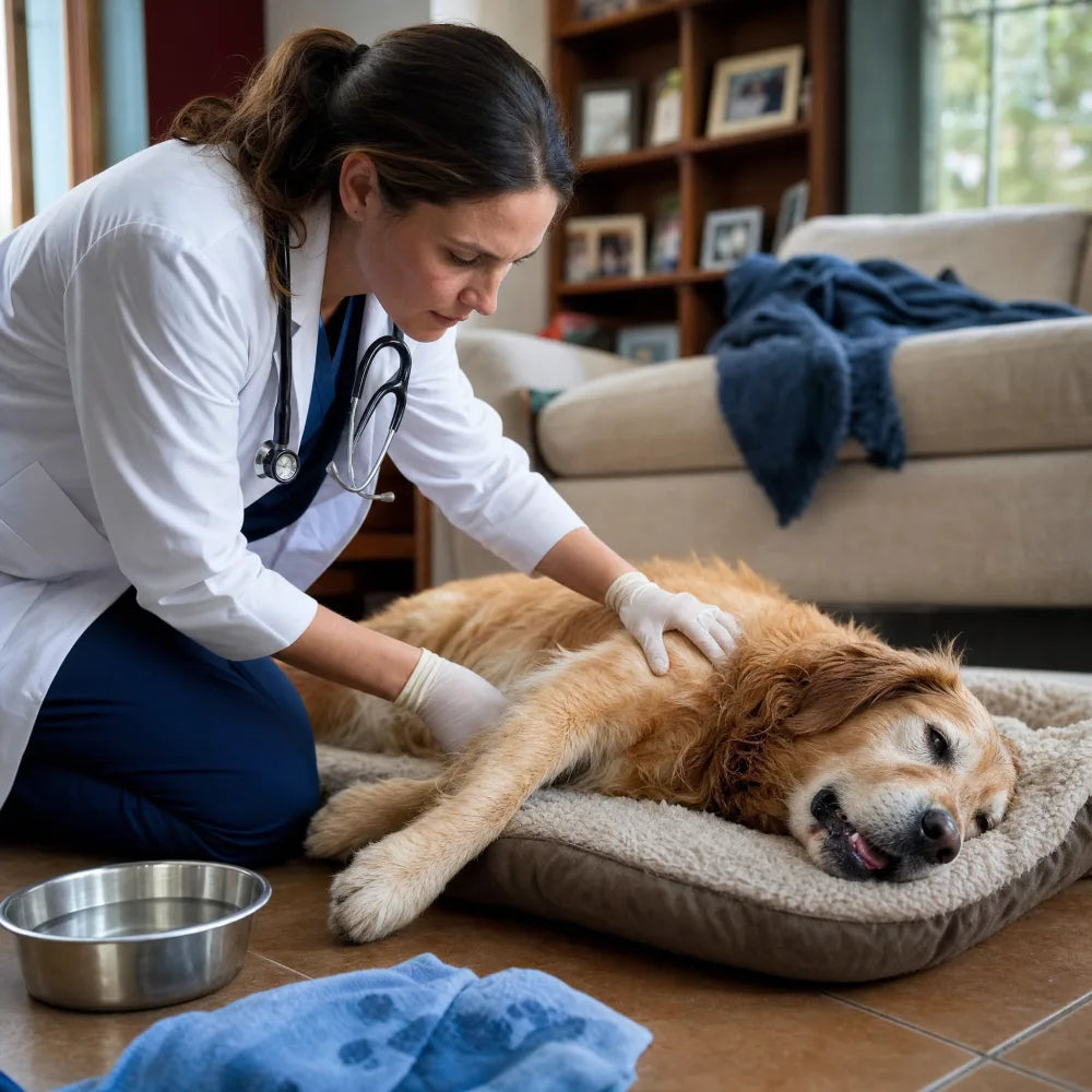 A vet in a white coat kneeling on the floor, hand on a Golden Retriever resting on a dog bed in a sunny living room
