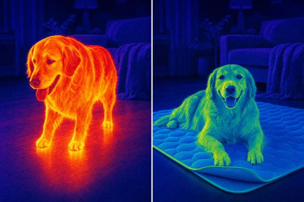 Thermal split image: same dog glowing yellow-red with trapped body heat on a normal floor (left) vs. cool green-blue tones while lying on the Kryo Coolmat (right)
